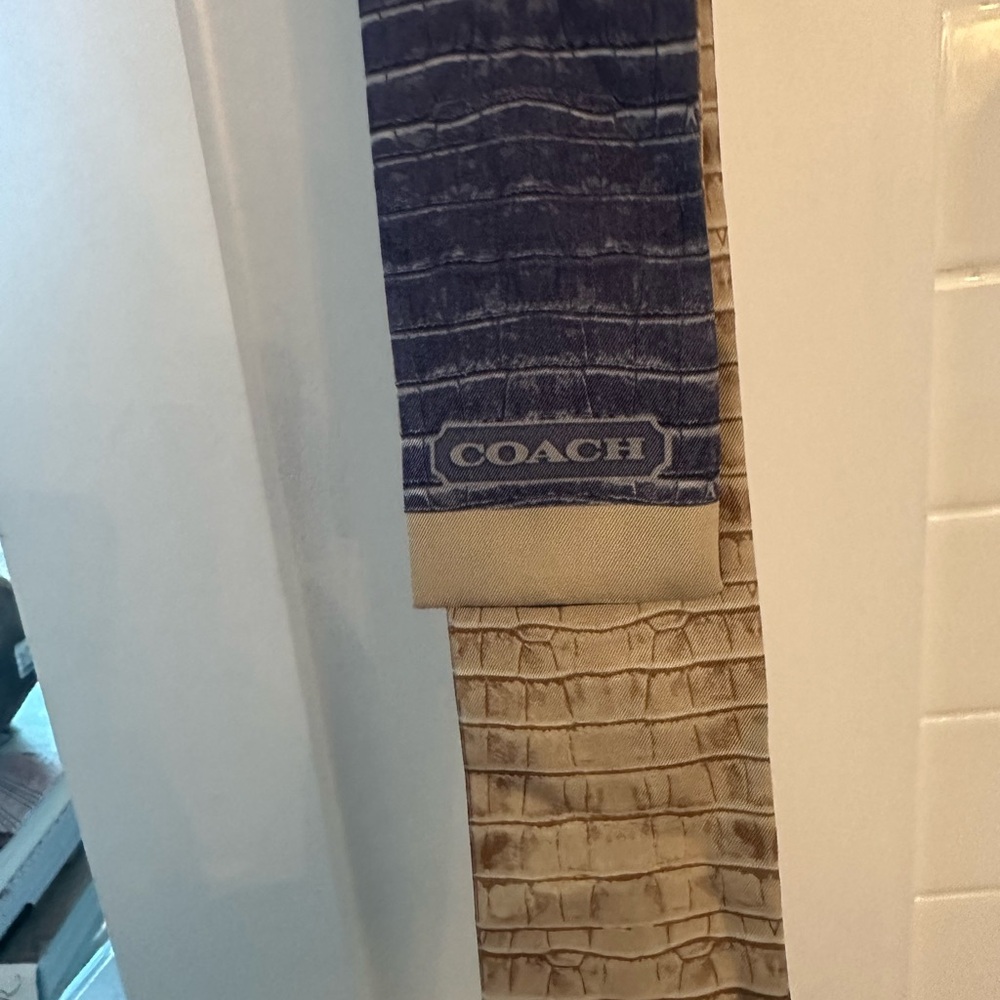 Coach, ‘Small Silk Scarf’ in Navy and Tan Crocodile
